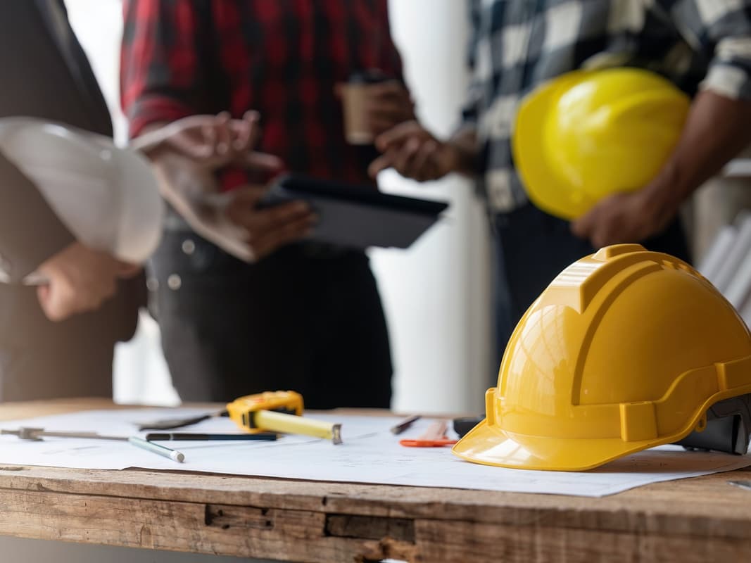 Construction team discussing project plans around table with equipment.