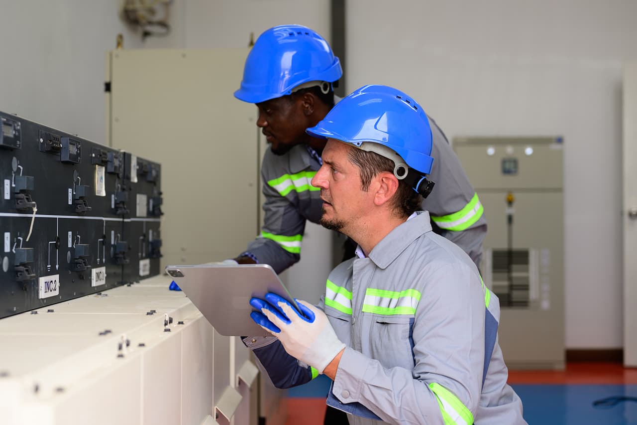 Two solar technicians use a laptop at an industrial power storage facility
