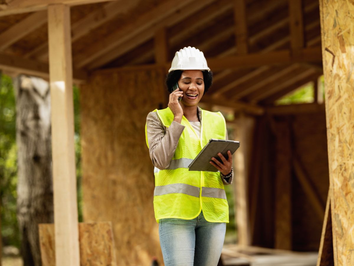 A woman on the phone and holding a clipboard. She's wearing a hard hat.