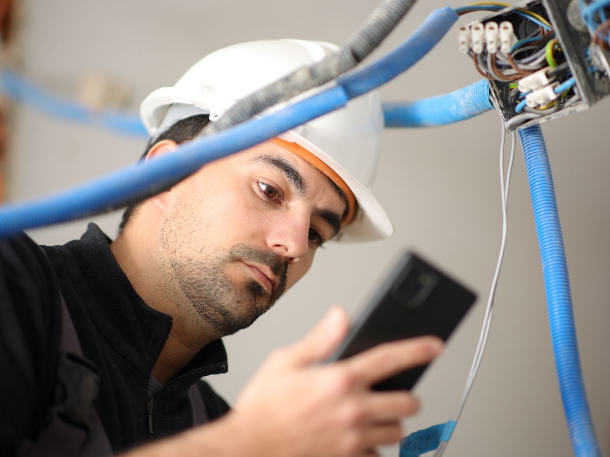 A person wearing a construction hat and looking at a cell phone.