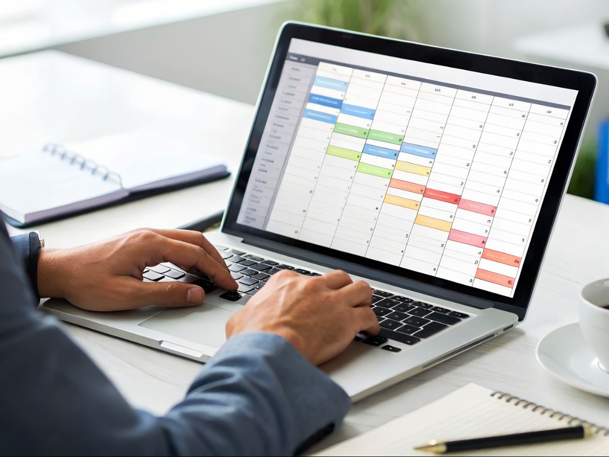 A person typing on a laptop on a desk. The laptop is displaying a spreadsheet.