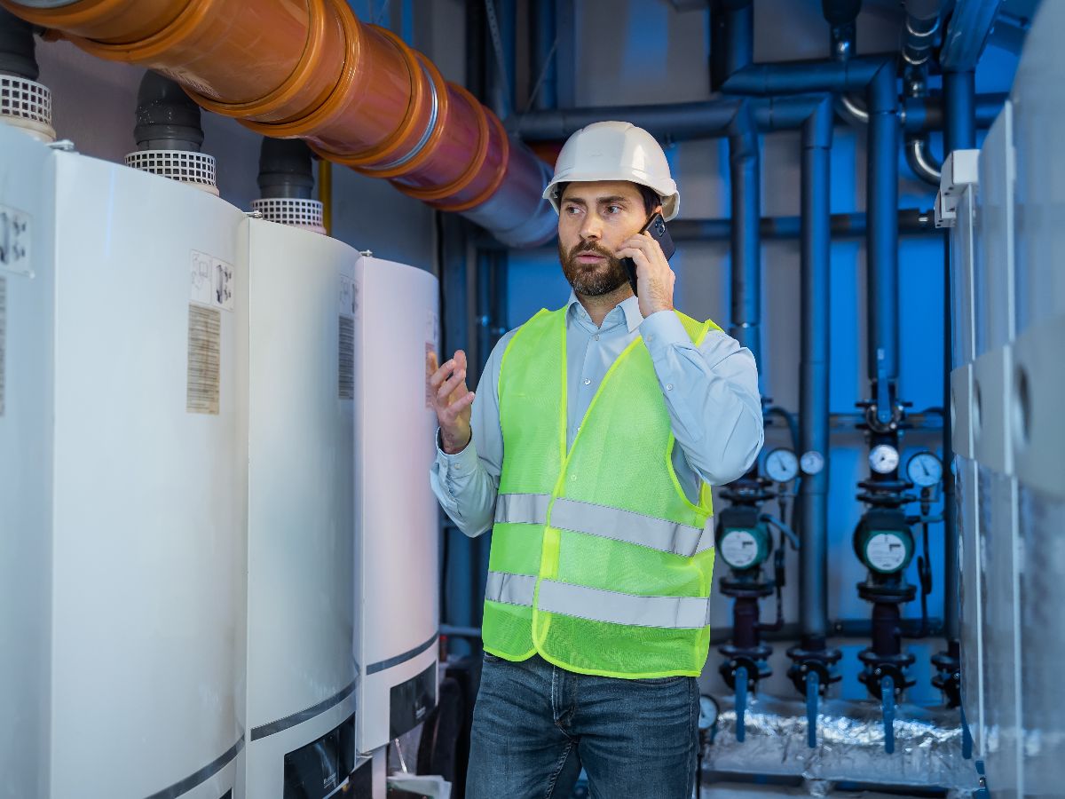 A person talking on a cell phone and wearing a hard hat.